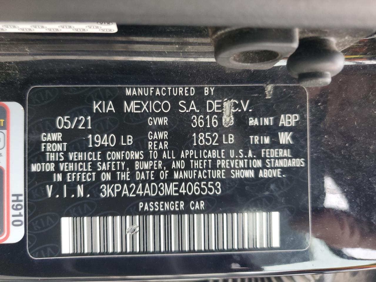 2021 Kia Rio Lx VIN: 3KPA24AD3ME406553 Lot: 84219055