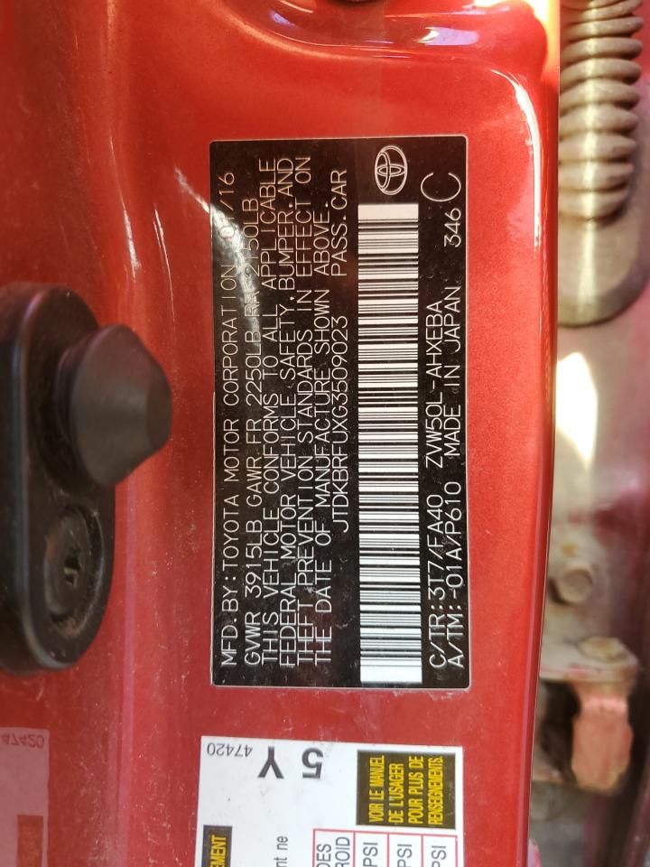 2016 Toyota Prius VIN: JTDKBRFUXG3509023 Lot: 84831985