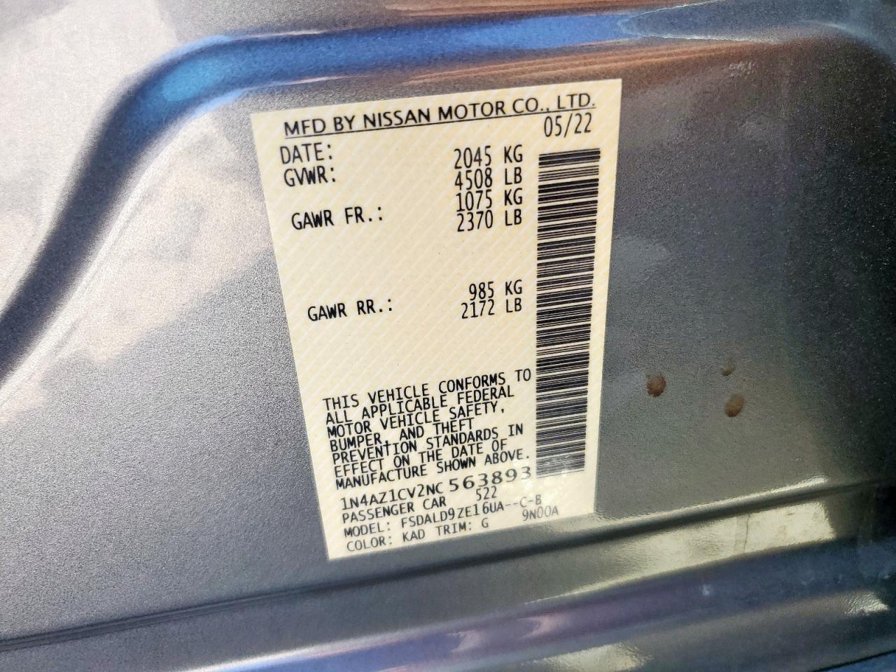 2022 Nissan Leaf Sv VIN: 1N4AZ1CV2NC563893 Lot: 80760805