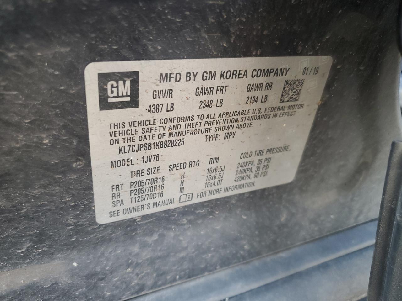 2019 Chevrolet Trax 1Lt VIN: KL7CJPSB1KB828225 Lot: 72088885