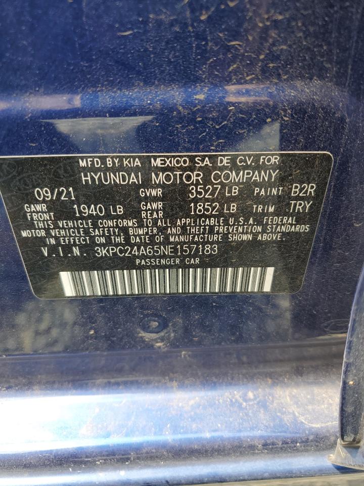 2022 Hyundai Accent Se VIN: 3KPC24A65NE157183 Lot: 71596335