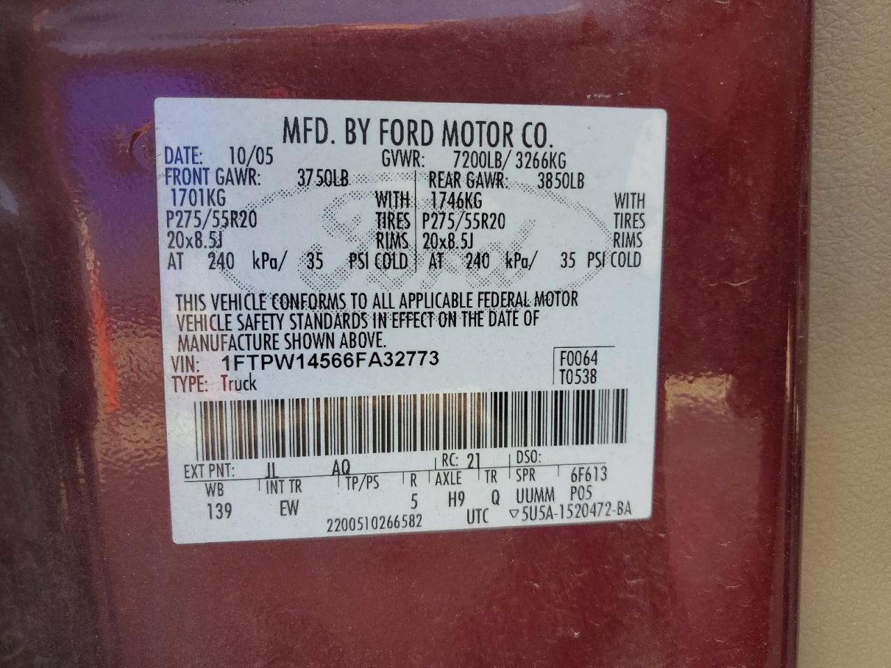 2006 Ford F150 Supercrew VIN: 1FTPW14566FA32773 Lot: 71556935