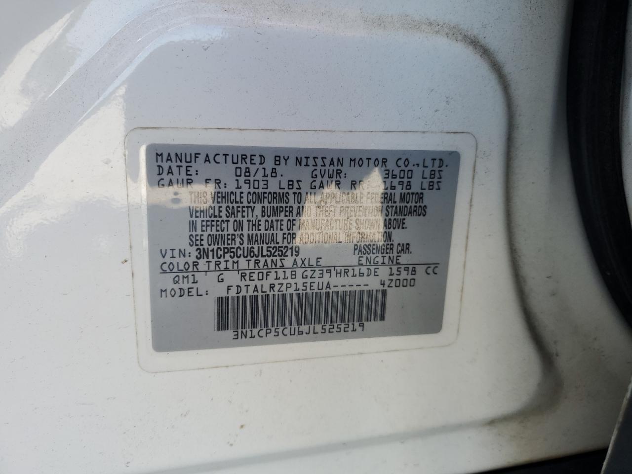 2018 Nissan Kicks S VIN: 3N1CP5CU6JL525219 Lot: 81066595
