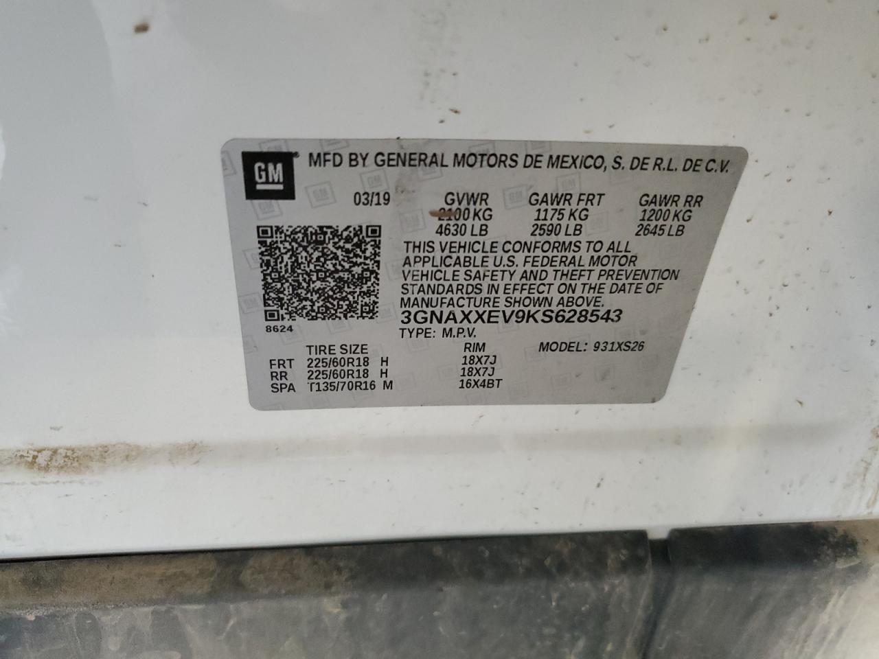 2019 Chevrolet Equinox Premier VIN: 3GNAXXEV9KS628543 Lot: 84598485