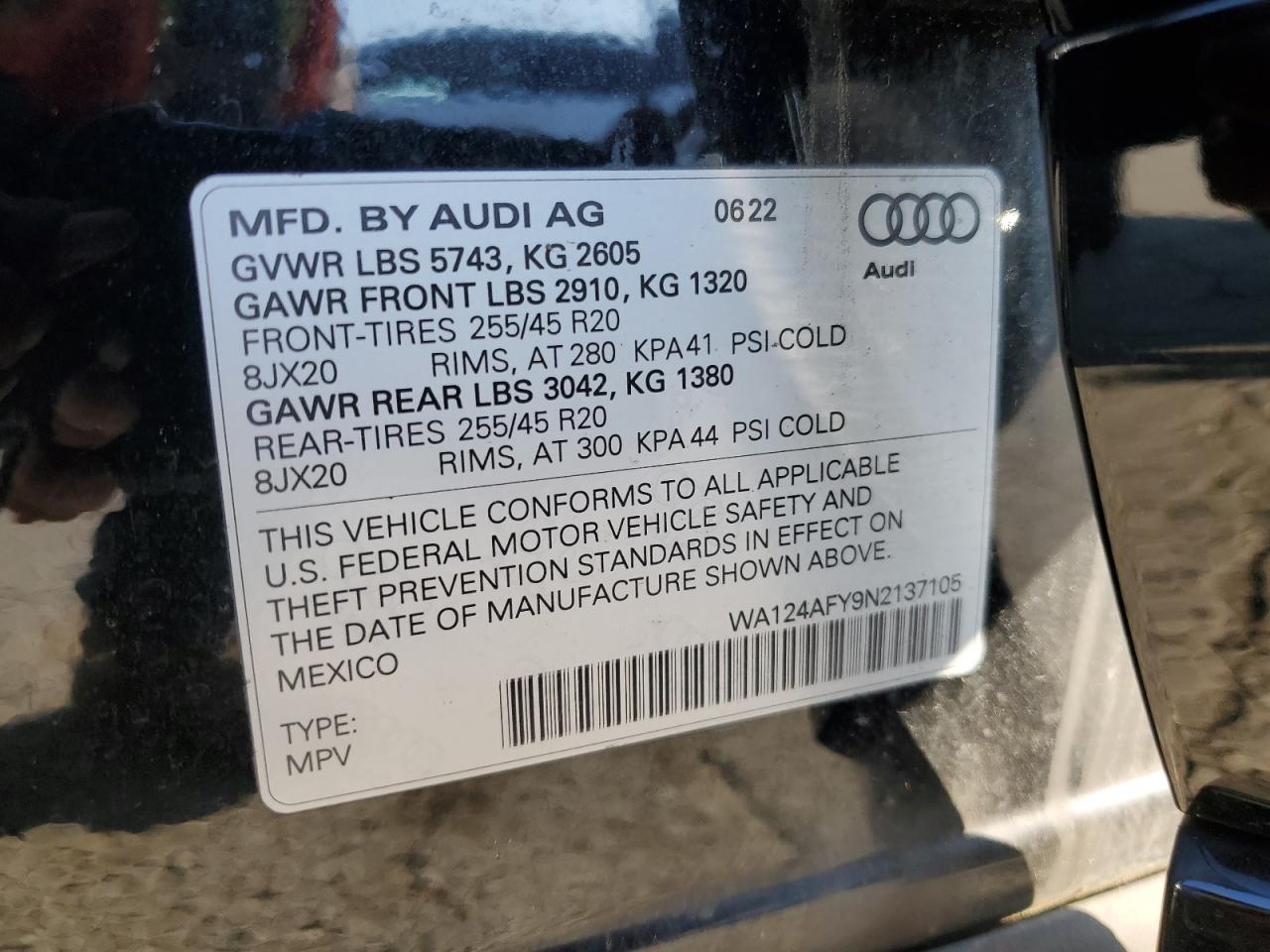 2022 Audi Sq5 Sportback Premium Plus VIN: WA124AFY9N2137105 Lot: 81024005