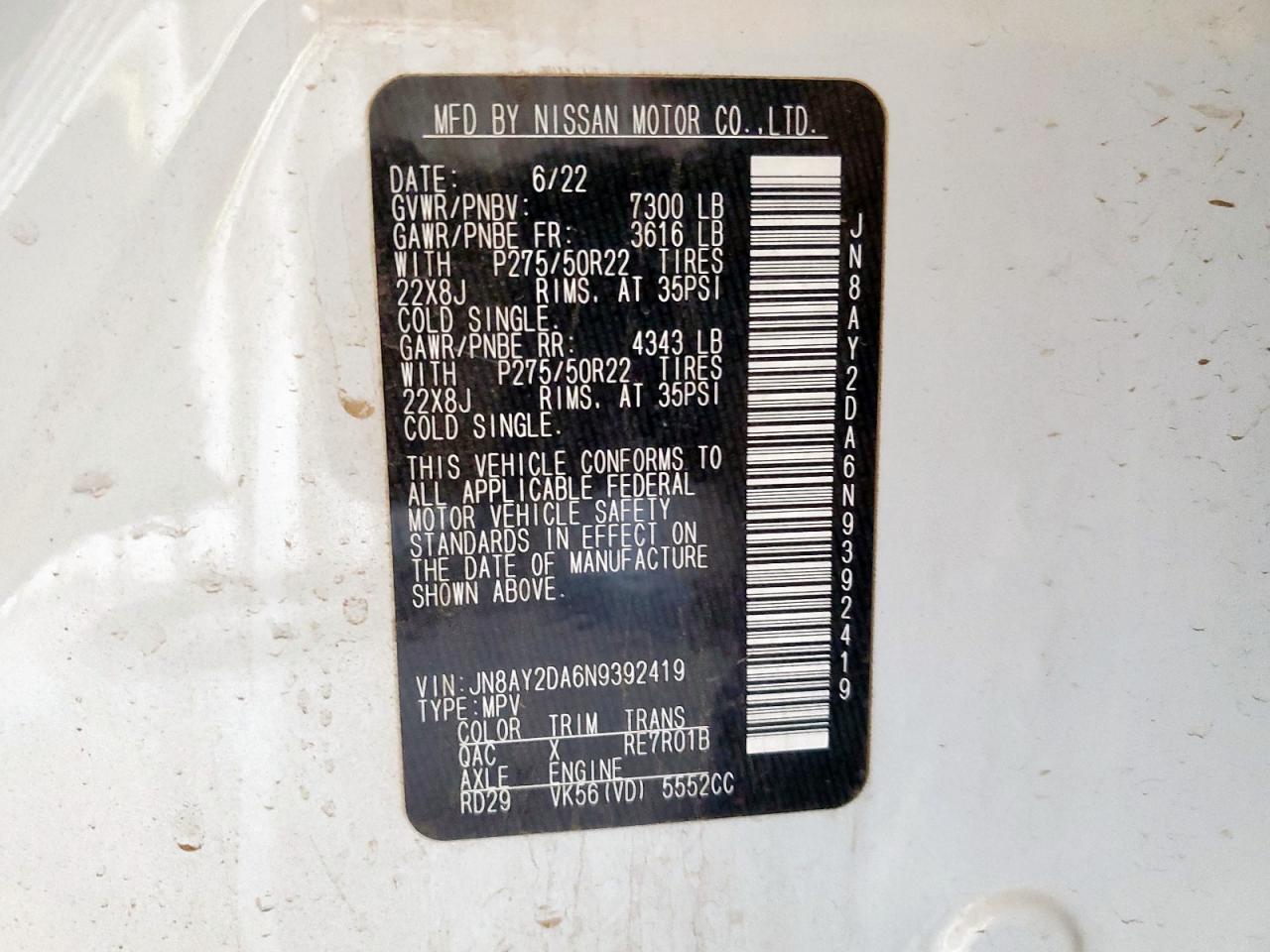 2022 Nissan Armada Platinum VIN: JN8AY2DA6N9392419 Lot: 84012545