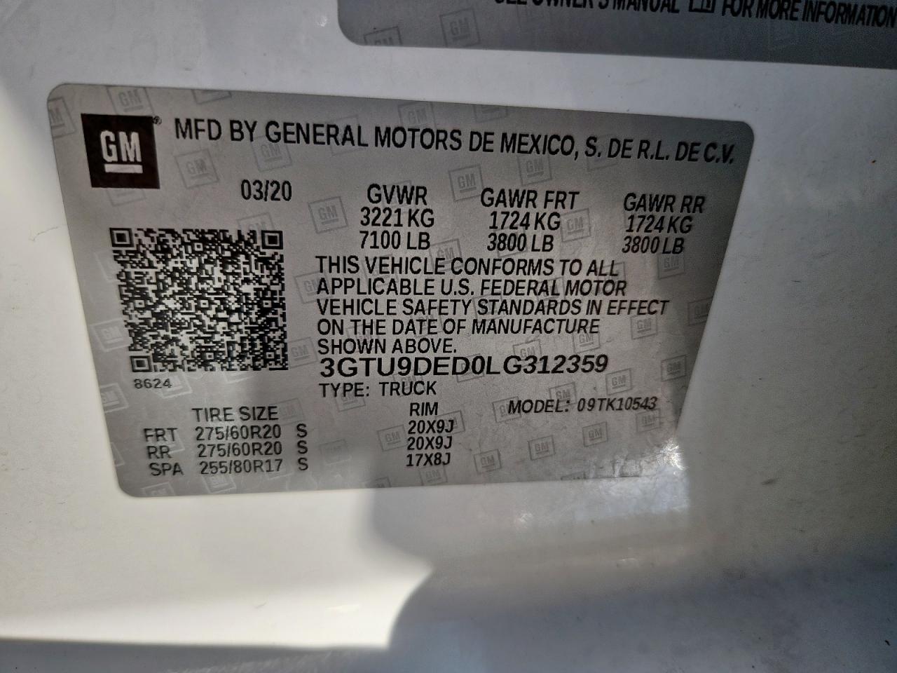 2020 GMC Sierra K1500 Slt VIN: 3GTU9DED0LG312359 Lot: 84553615