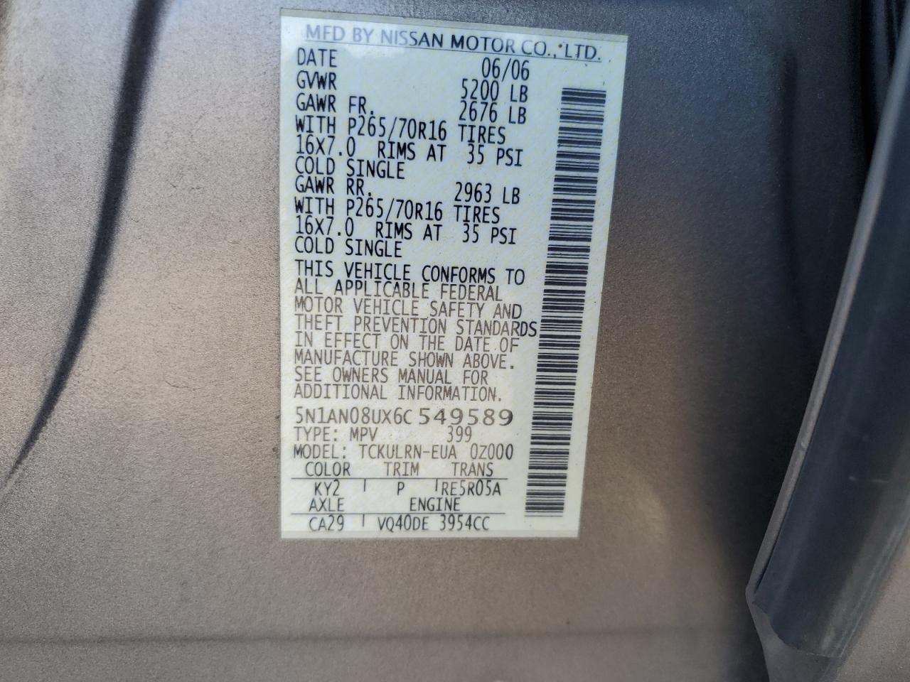 2006 Nissan Xterra Off Road VIN: 5N1AN08UX6C549589 Lot: 80241575