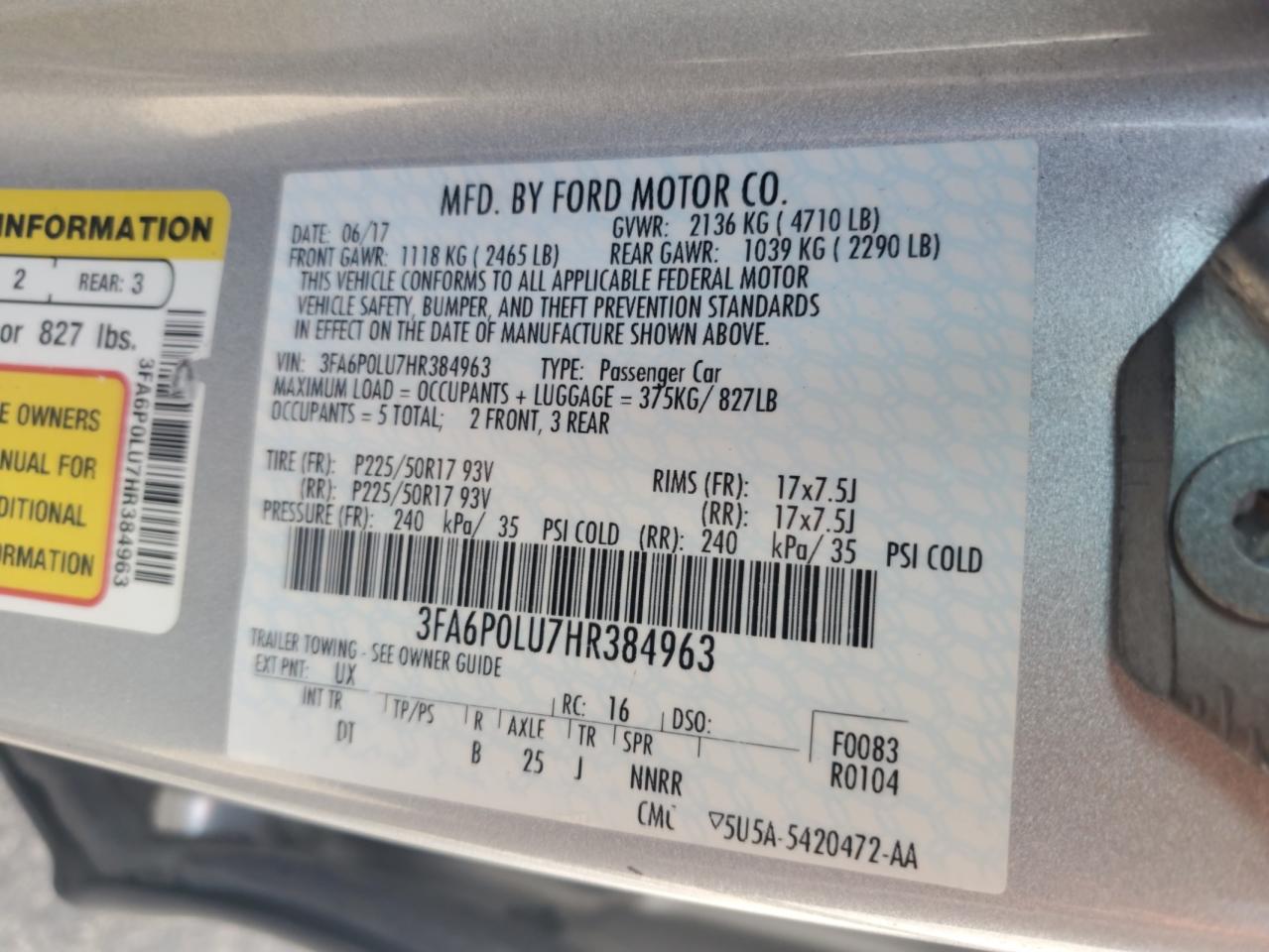 2017 Ford Fusion Se Hybrid VIN: 3FA6P0LU7HR384963 Lot: 71675285