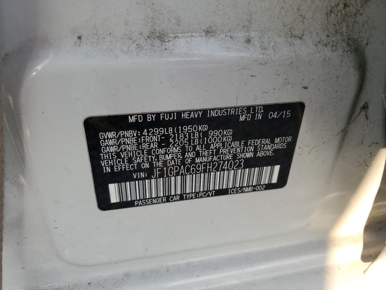 2015 Subaru Impreza Premium VIN: JF1GPAC69FH274023 Lot: 81139625