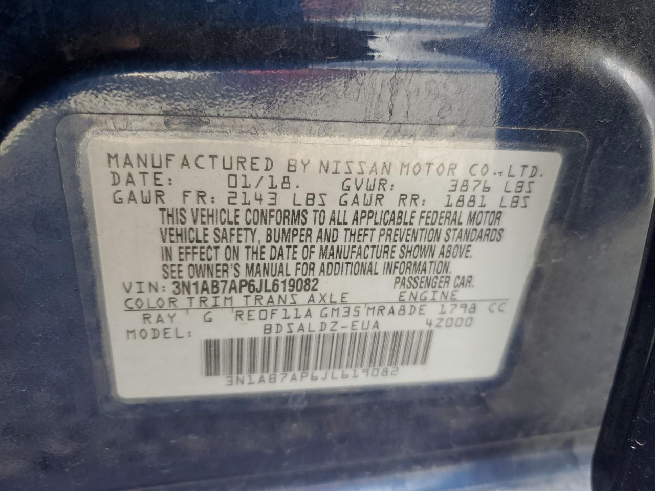 2018 Nissan Sentra S VIN: 3N1AB7AP6JL619082 Lot: 84353675