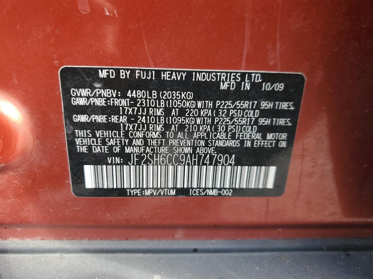 2010 Subaru Forester 2.5X Premium VIN: JF2SH6CC9AH747904 Lot: 83767205