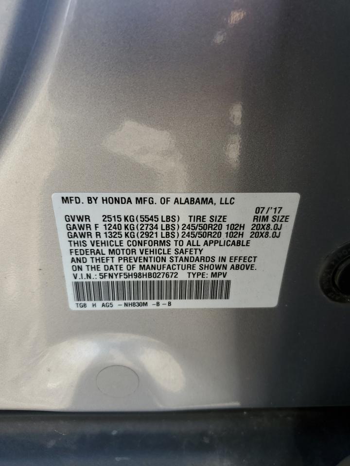 2017 Honda Pilot Touring VIN: 5FNYF5H98HB027672 Lot: 80729085