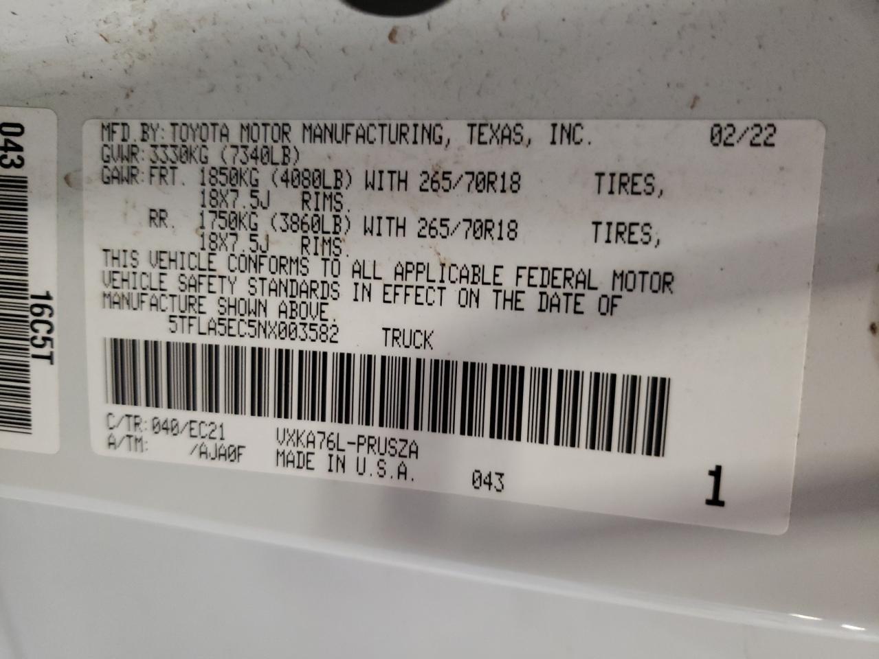 2022 Toyota Tundra Crewmax Sr5 VIN: 5TFLA5EC5NX003582 Lot: 71041795