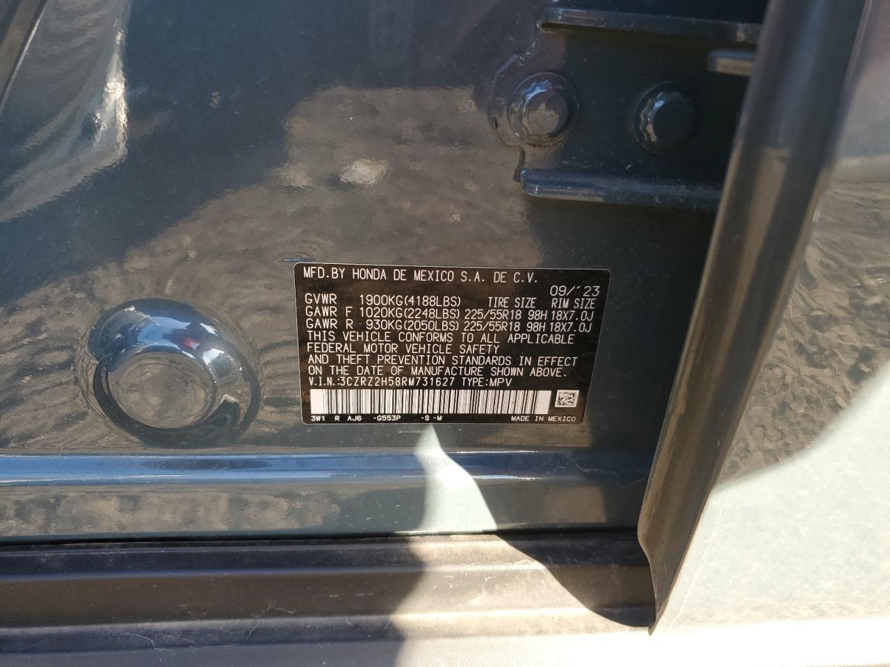 2024 Honda Hr-V Sport VIN: 3CZRZ2H58RM731627 Lot: 83850135