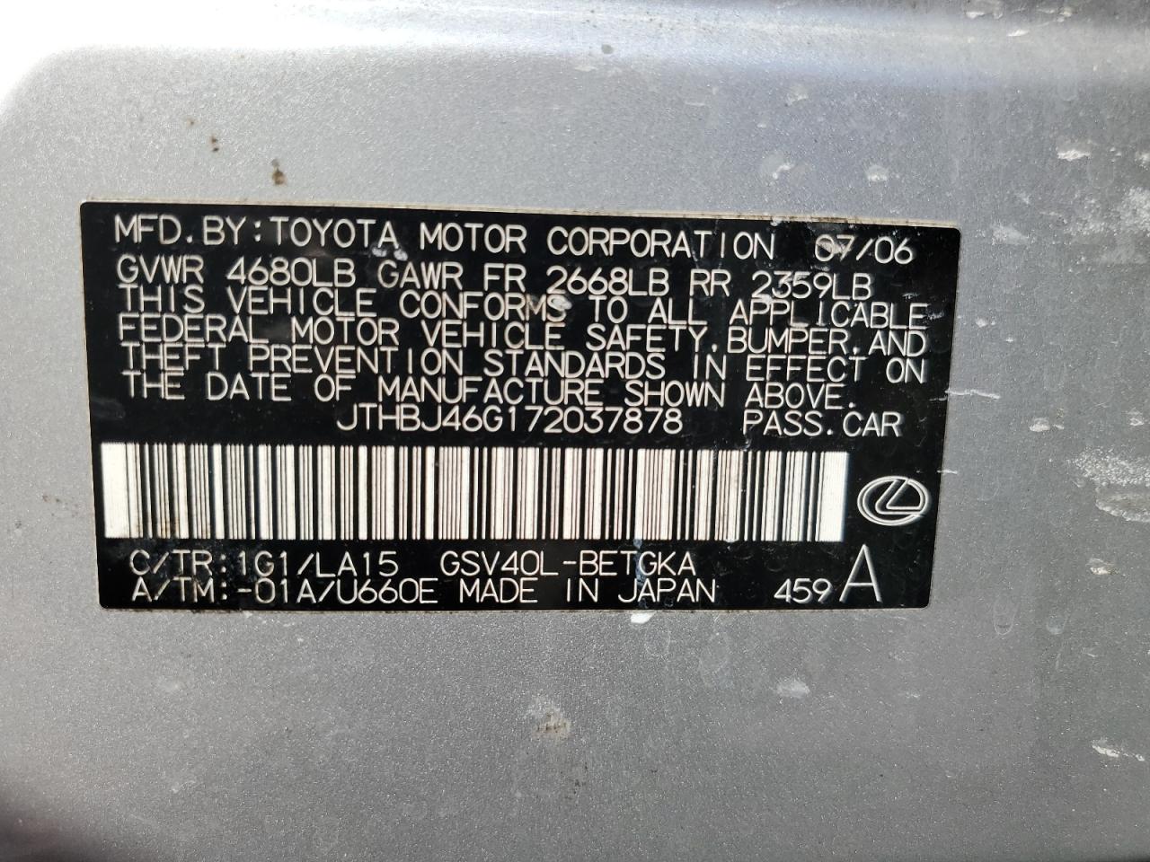 2007 Lexus Es 350 VIN: JTHBJ46G172037878 Lot: 81378005