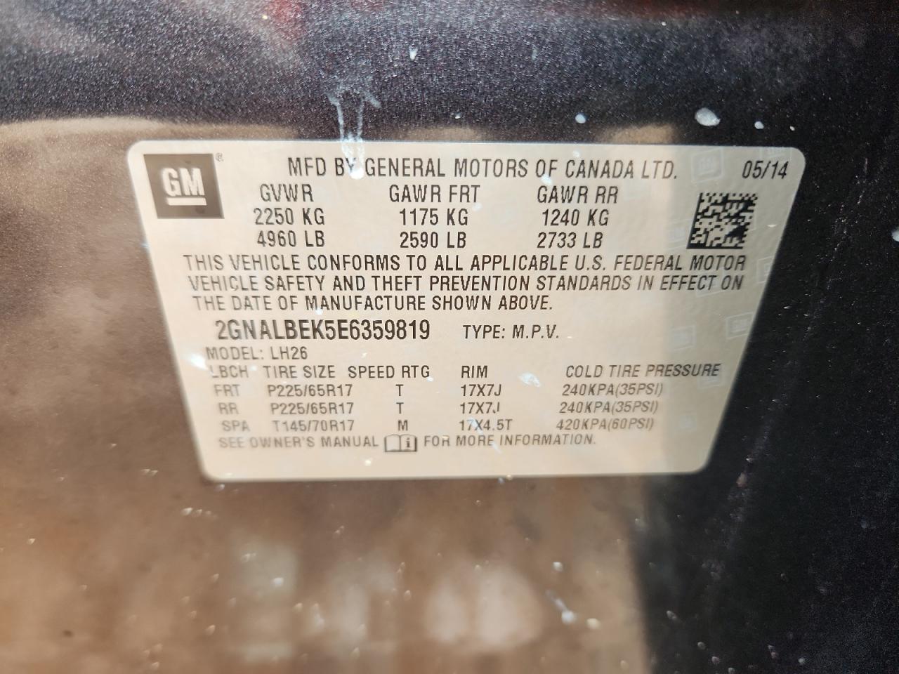 2014 Chevrolet Equinox Lt VIN: 2GNALBEK5E6359819 Lot: 81797145