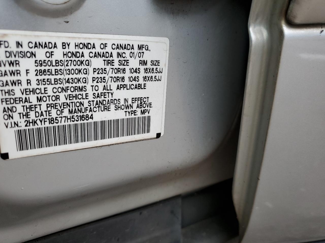 2007 Honda Pilot Exl VIN: 2HKYF18577H531684 Lot: 80391005