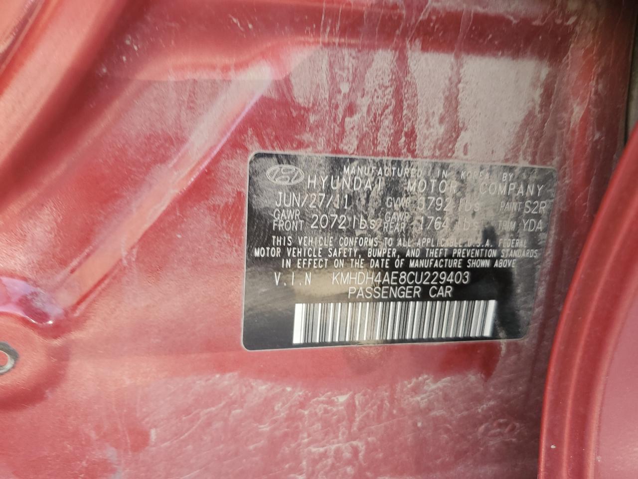 2012 Hyundai Elantra Gls VIN: KMHDH4AE8CU229403 Lot: 83985515