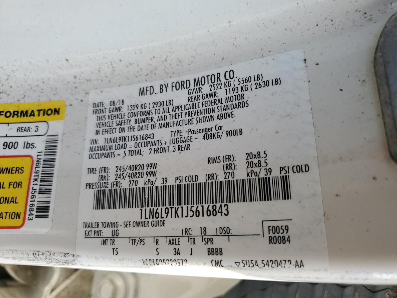 2018 Lincoln Continental Select VIN: 1LN6L9TK1J5616843 Lot: 71911905