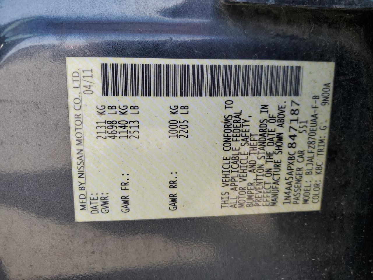 2011 Nissan Maxima S VIN: 1N4AA5APXBC847187 Lot: 82025175