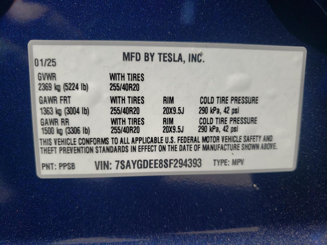 2025 Tesla Model Y VIN: 7SAYGDEE8SF294393 Lot: 71731955