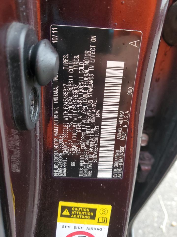 2012 Toyota Highlander Base VIN: 5TDZA3EH4CS019933 Lot: 80863125