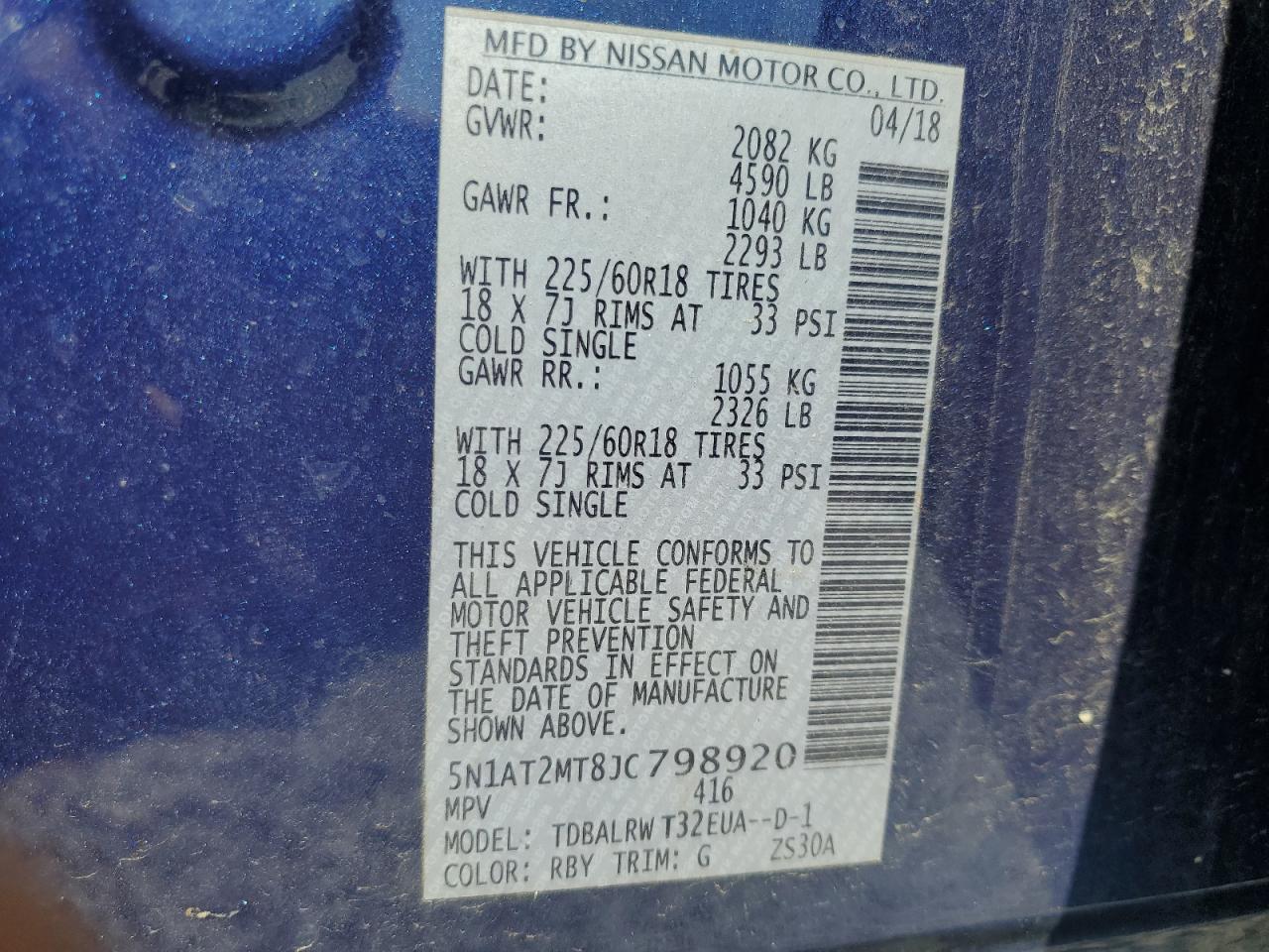 2018 Nissan Rogue S VIN: 5N1AT2MT8JC798920 Lot: 80958915