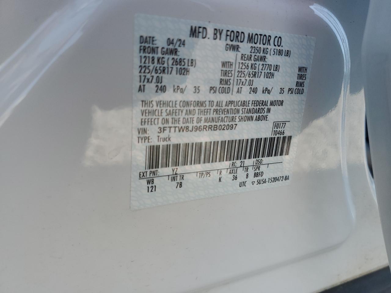 2024 Ford Maverick Xlt VIN: 3FTTW8J96RRB02097 Lot: 80363925