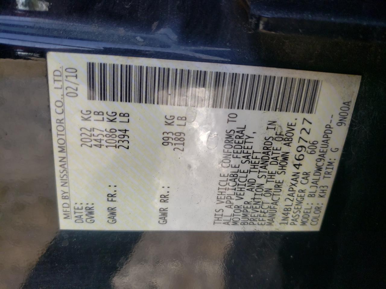 2010 Nissan Altima Sr VIN: 1N4BL2APXAN469727 Lot: 81606395