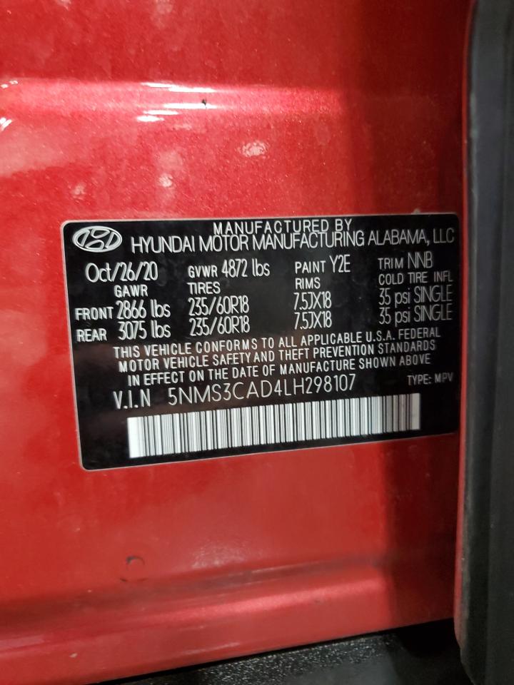 2020 Hyundai Santa Fe Sel VIN: 5NMS3CAD4LH298107 Lot: 71493355