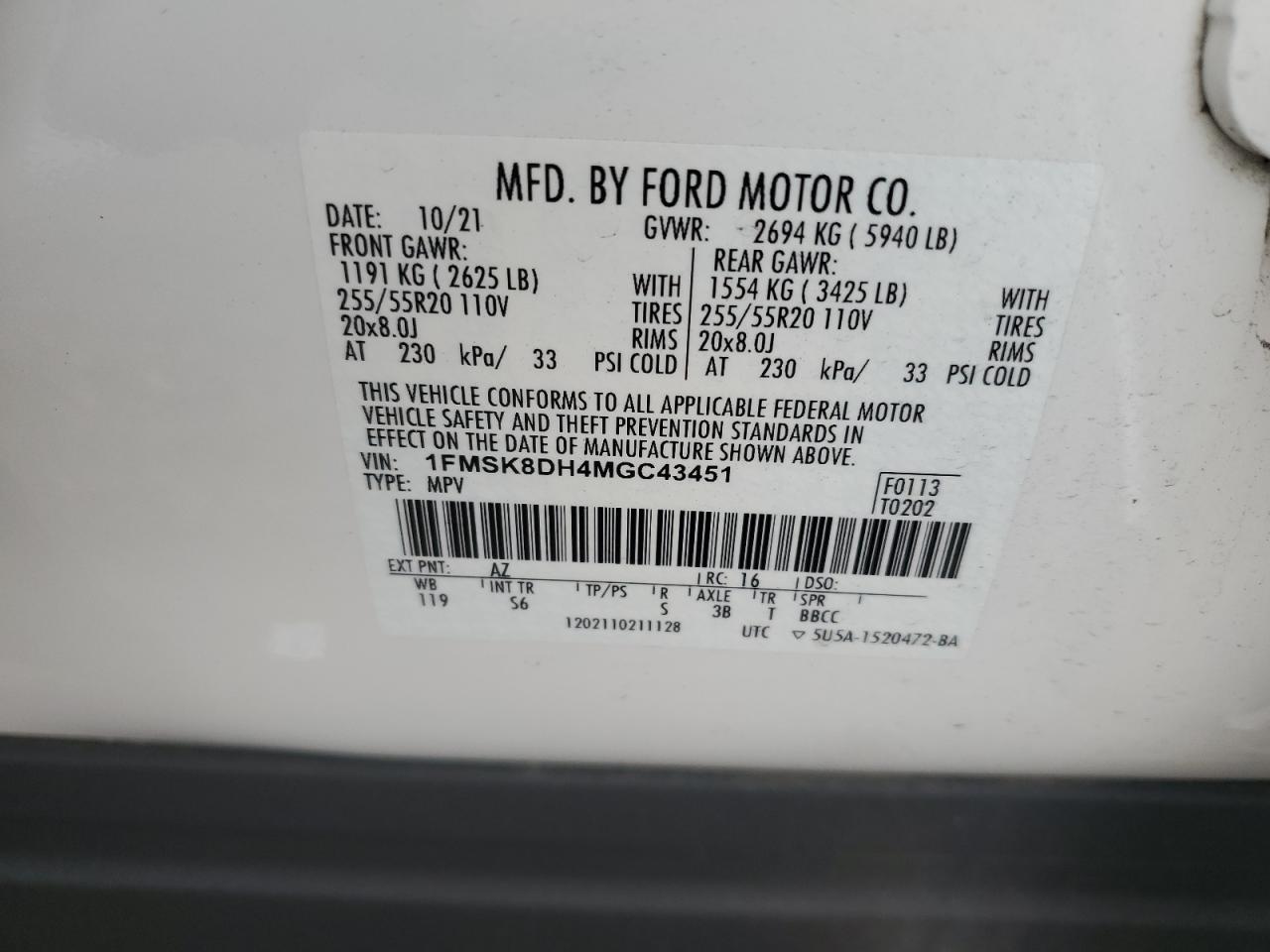 2021 Ford Explorer Xlt VIN: 1FMSK8DH4MGC43451 Lot: 71399375