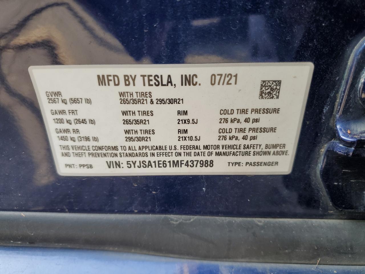 2021 Tesla Model S VIN: 5YJSA1E61MF437988 Lot: 81342725