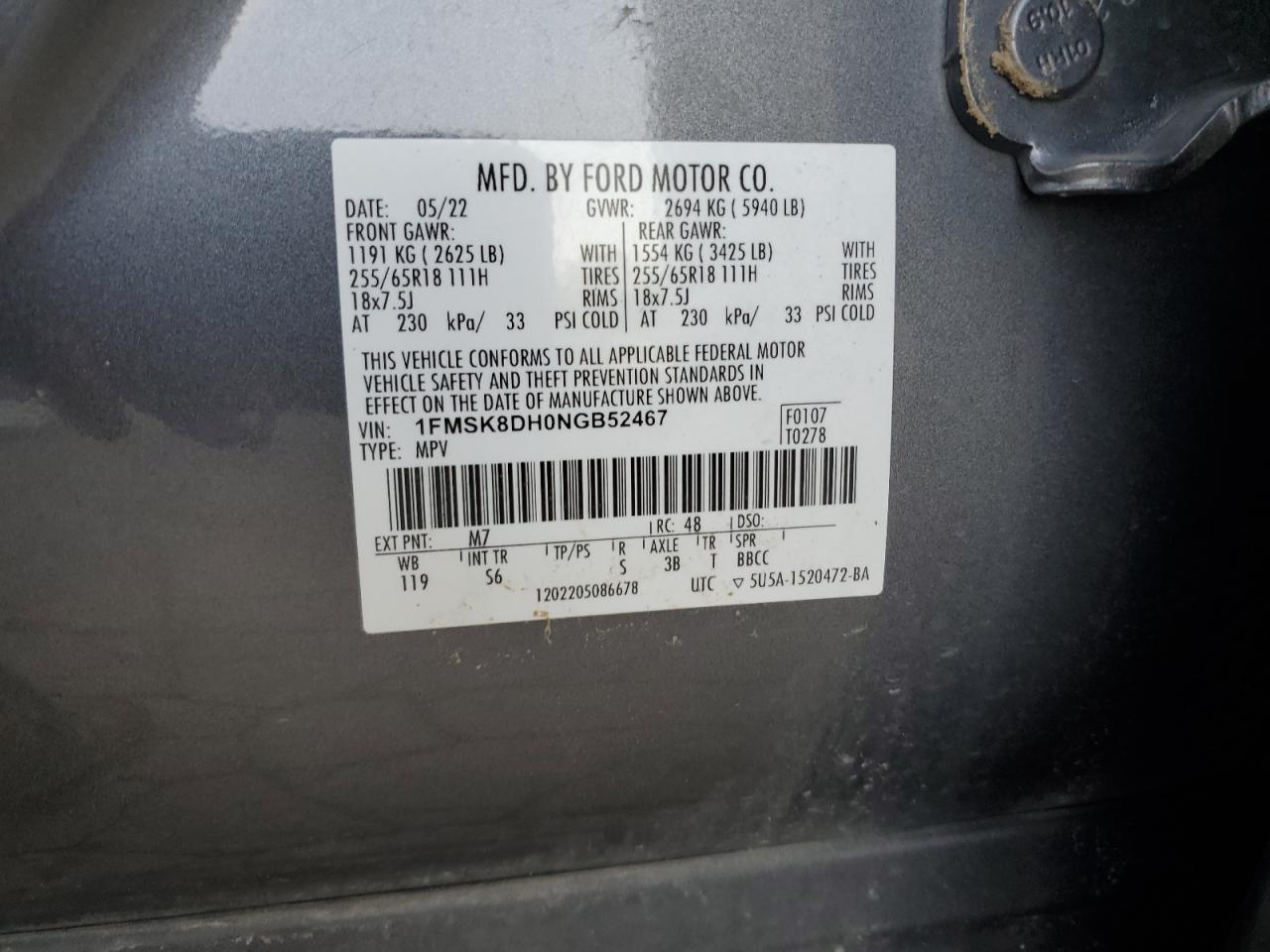 2022 Ford Explorer Xlt VIN: 1FMSK8DH0NGB52467 Lot: 81196405