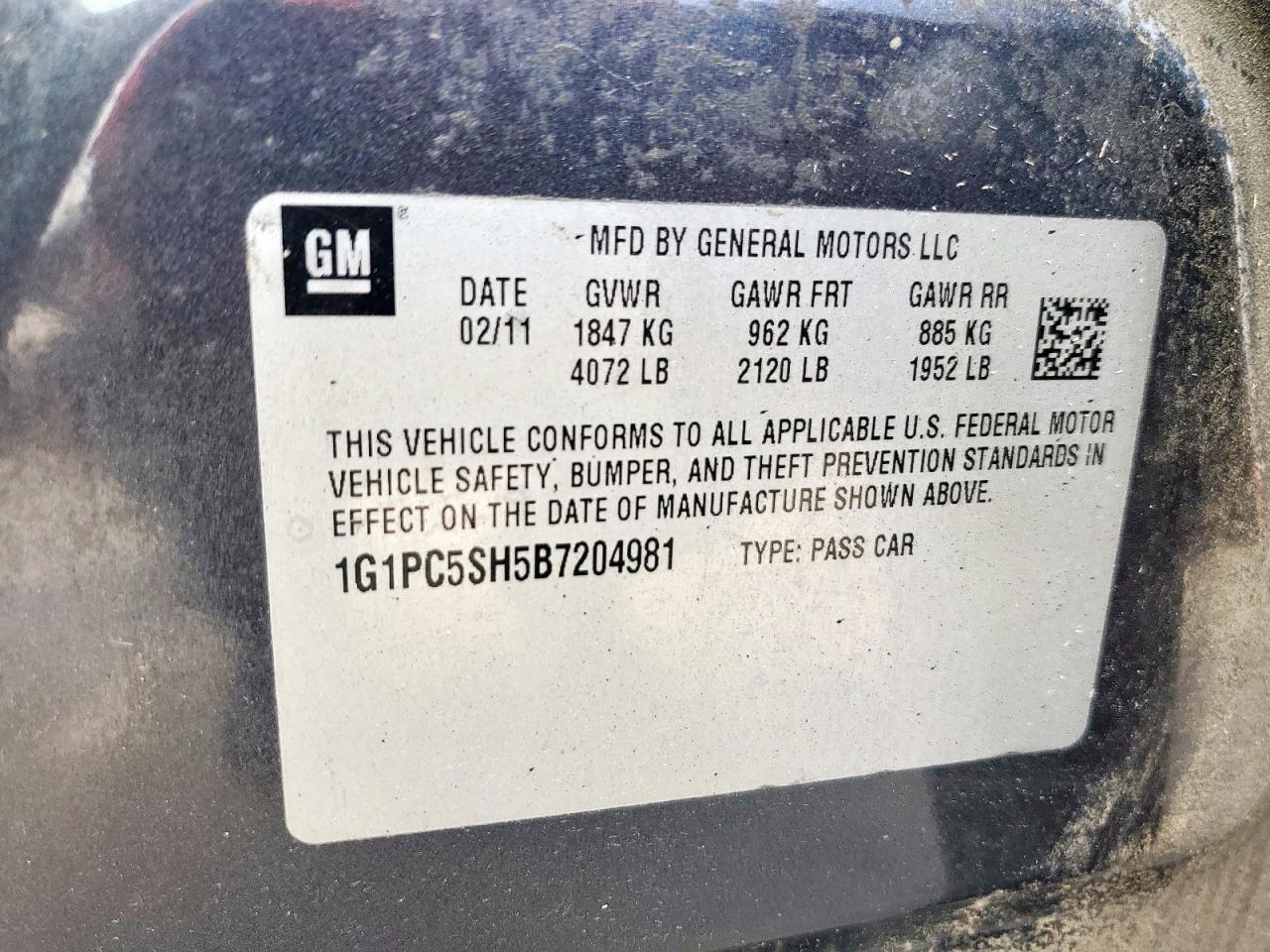 2011 Chevrolet Cruze Ls VIN: 1G1PC5SH5B7204981 Lot: 84644685