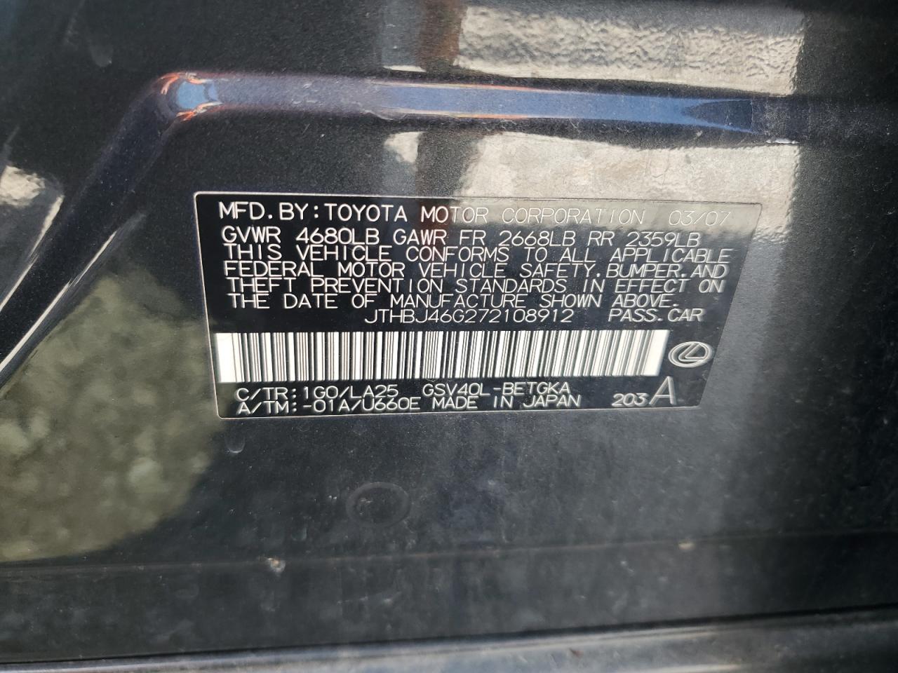 2007 Lexus Es 350 VIN: JTHBJ46G272108912 Lot: 82101975