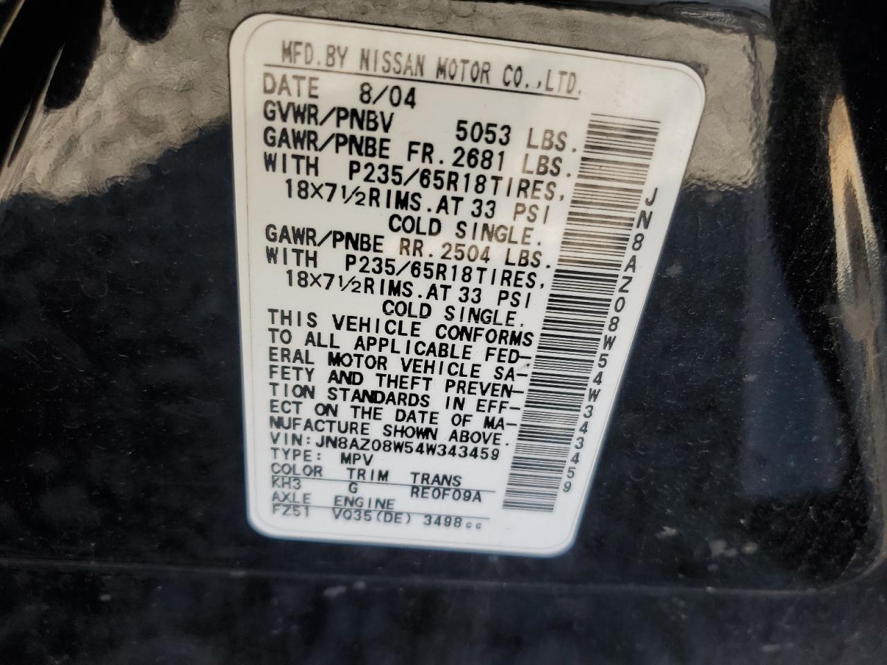 2004 Nissan Murano Sl VIN: JN8AZ08W54W343459 Lot: 81037385