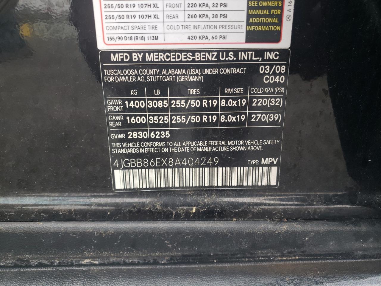 2008 Mercedes-Benz Ml 350 VIN: 4JGBB86EX8A404249 Lot: 71433425