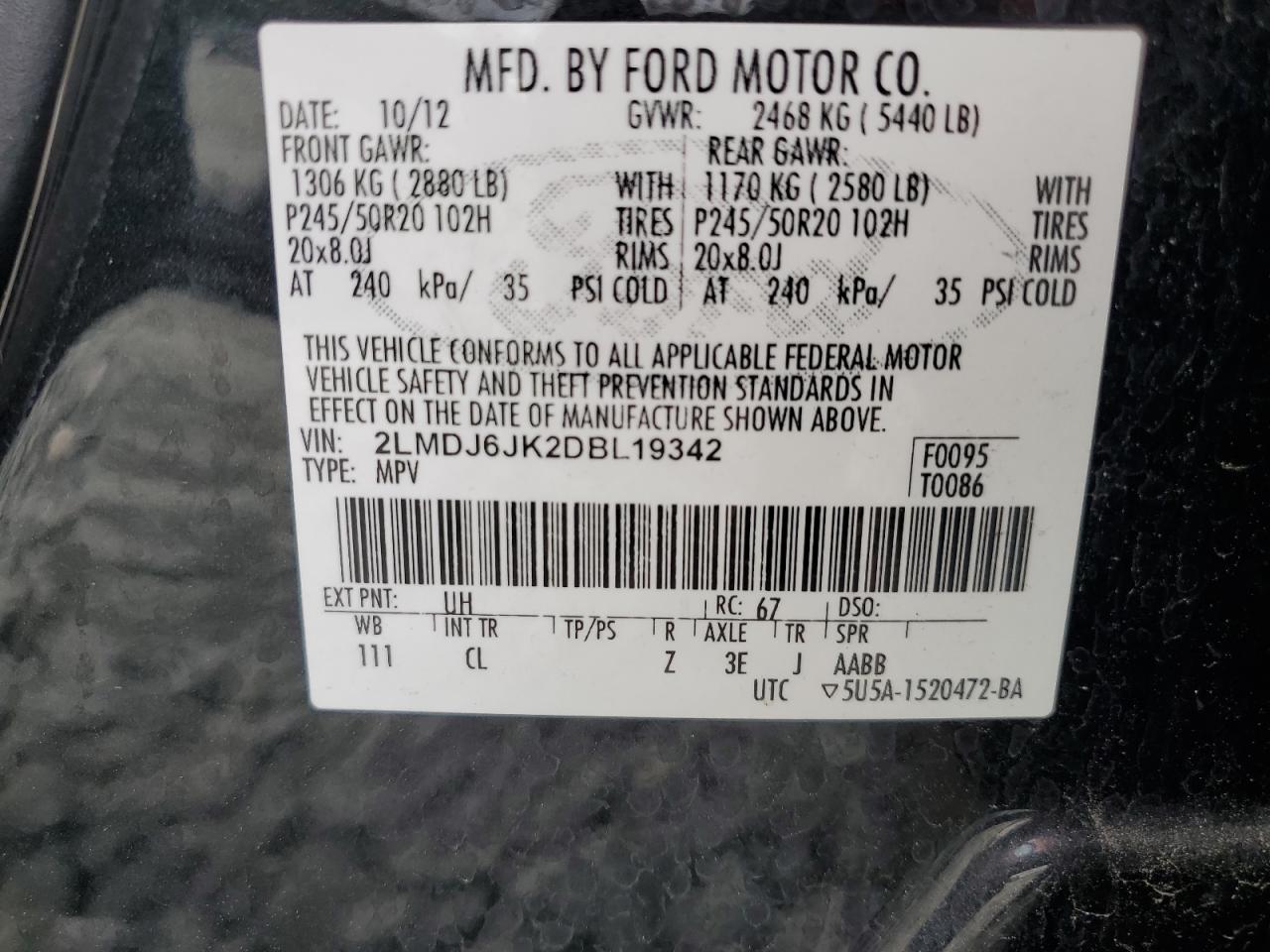 2013 Lincoln Mkx VIN: 2LMDJ6JK2DBL19342 Lot: 83987155