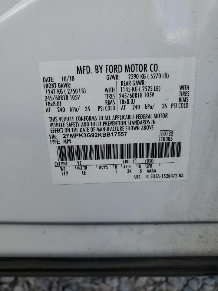 2019 Ford Edge Se VIN: 2FMPK3G92KBB17557 Lot: 80030645