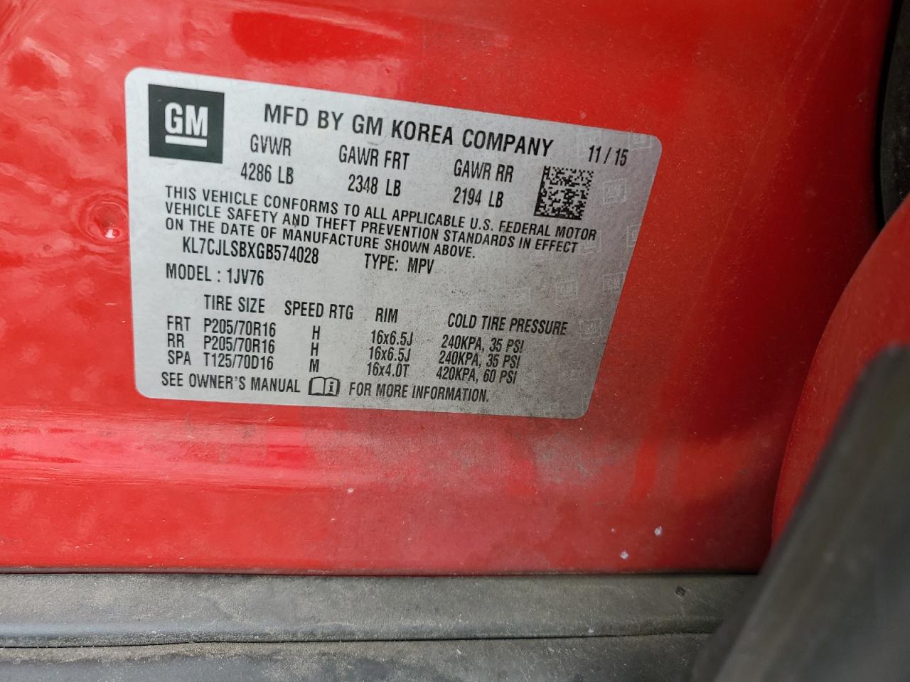 2016 Chevrolet Trax 1Lt VIN: KL7CJLSBXGB574028 Lot: 71518015