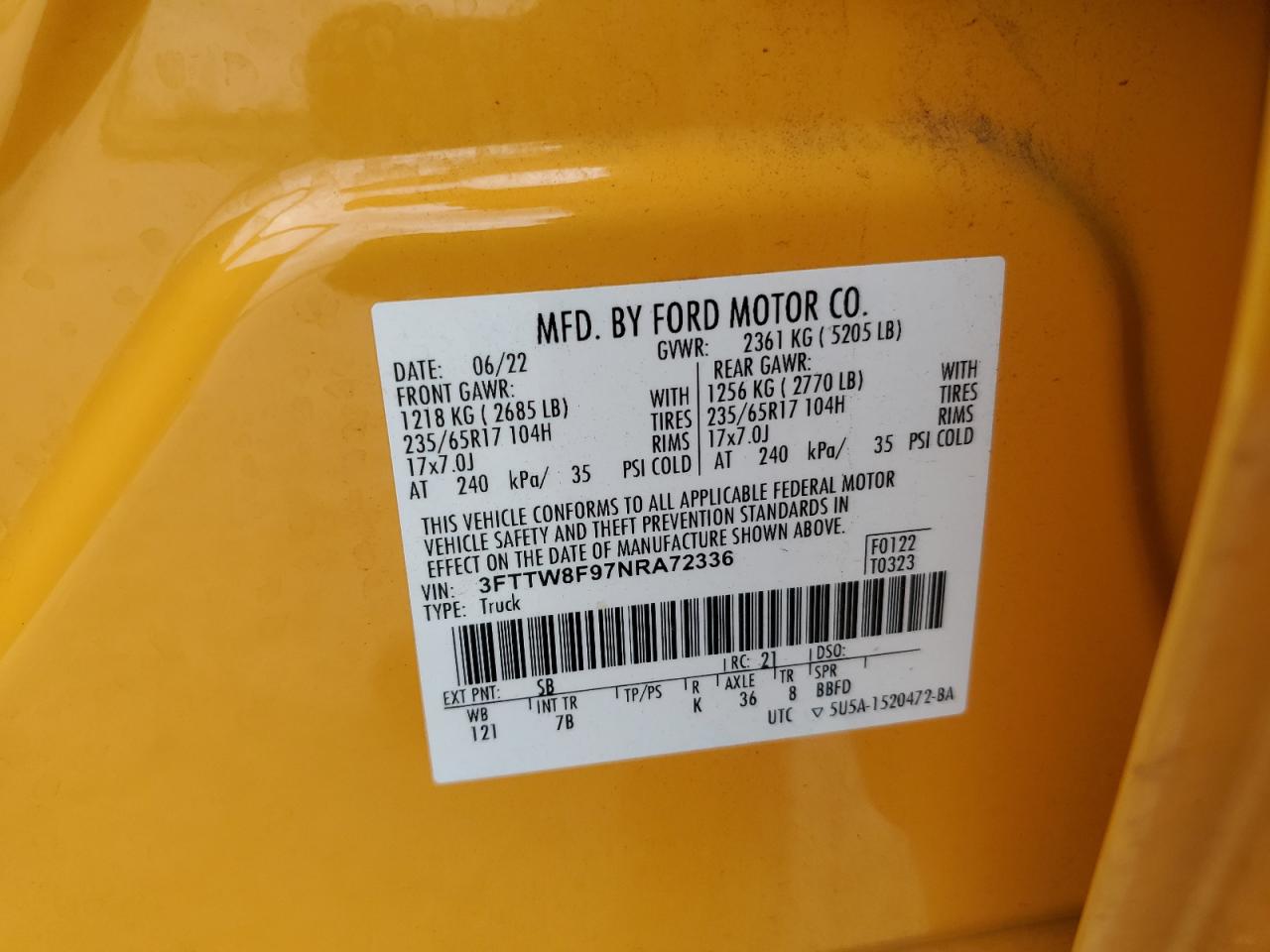 2022 Ford Maverick Xl VIN: 3FTTW8F97NRA72336 Lot: 81467665