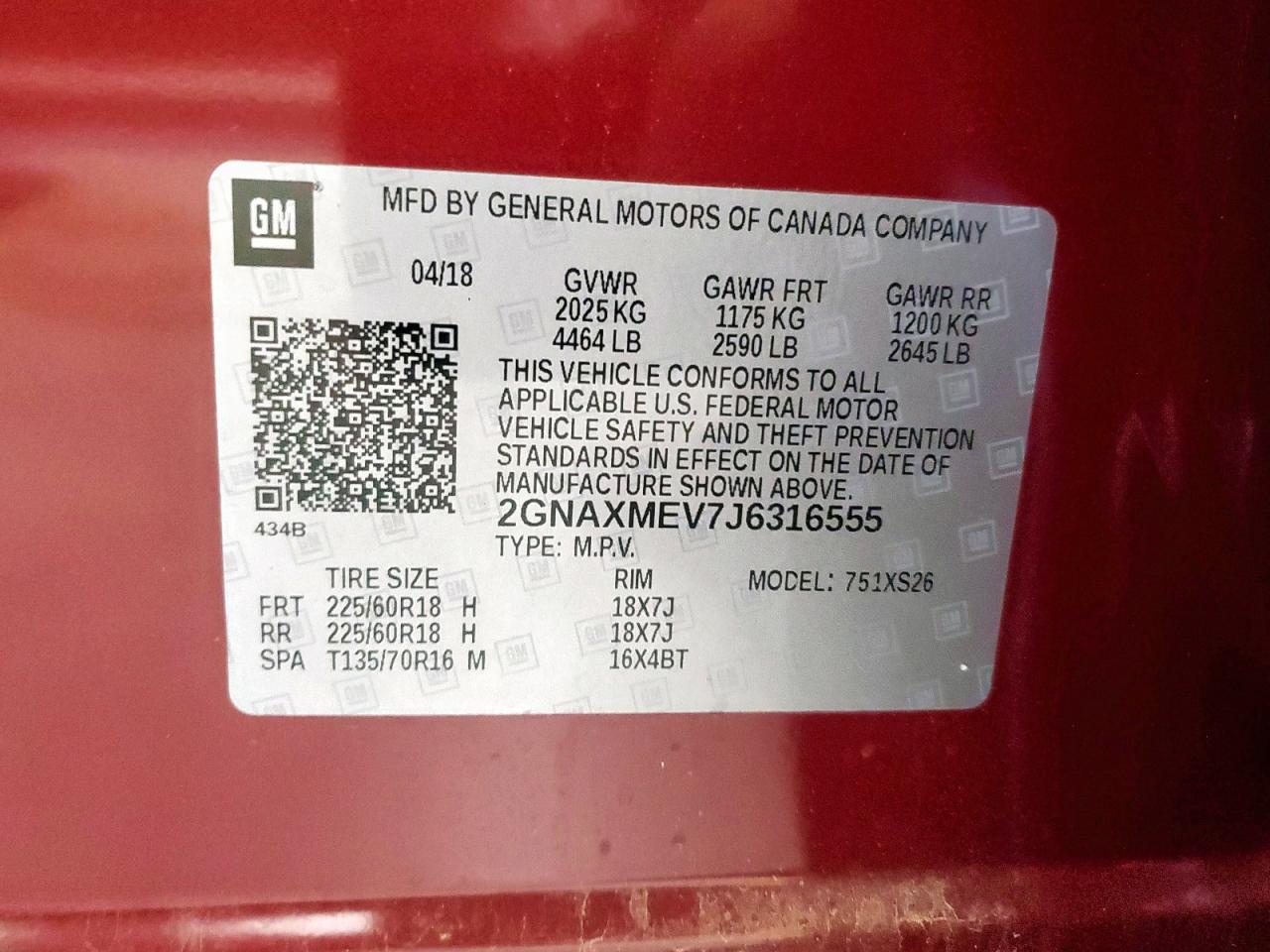 2018 Chevrolet Equinox Premier VIN: 2GNAXMEV7J6316555 Lot: 71004025