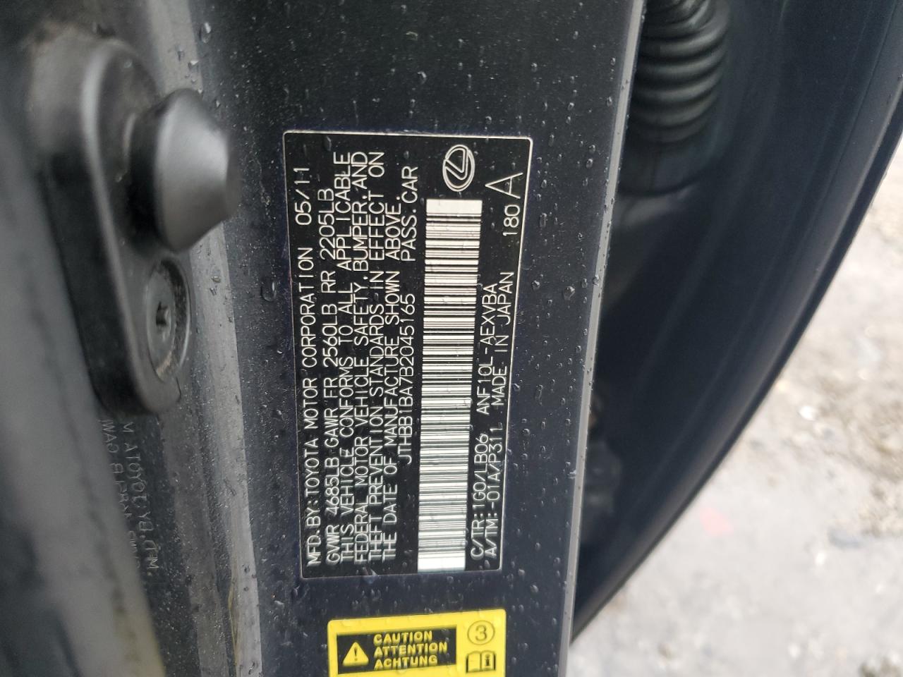 2011 Lexus Hs 250H VIN: JTHBB1BA7B2045165 Lot: 83905835