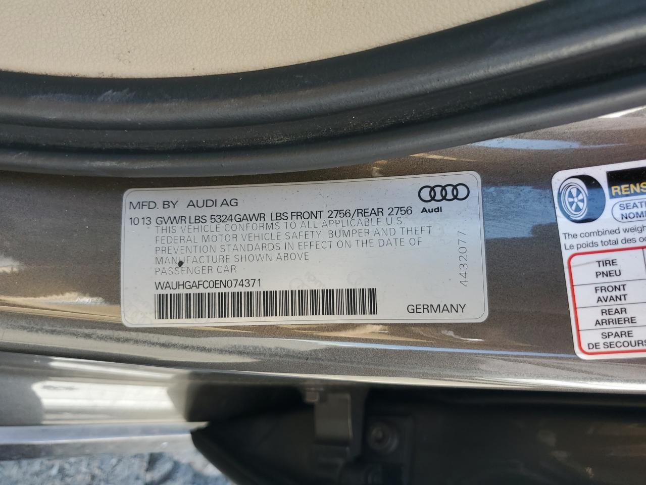 2014 Audi A6 Prestige VIN: WAUHGAFC0EN074371 Lot: 83839145