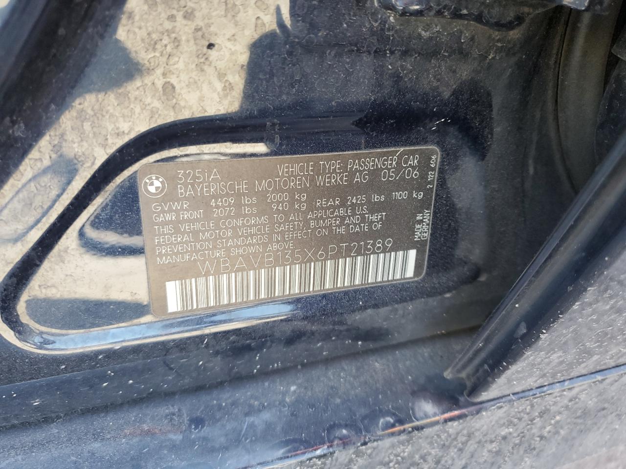 2006 BMW 325 I VIN: WBAVB135X6PT21389 Lot: 80455535