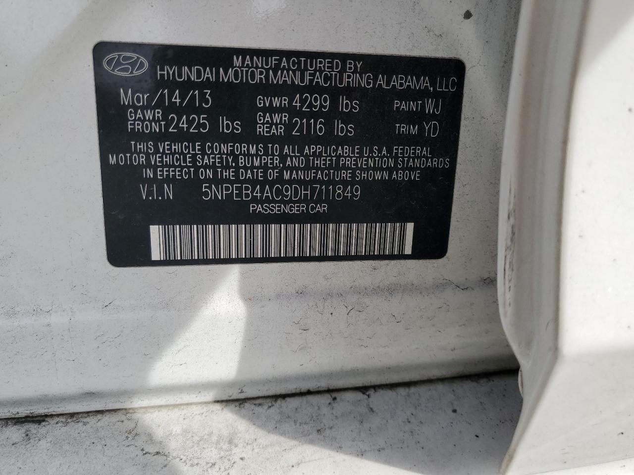 2013 Hyundai Sonata Gls VIN: 5NPEB4AC9DH711849 Lot: 81687755