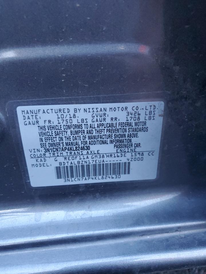 2019 Nissan Versa S VIN: 3N1CN7AP4KL824630 Lot: 70762015