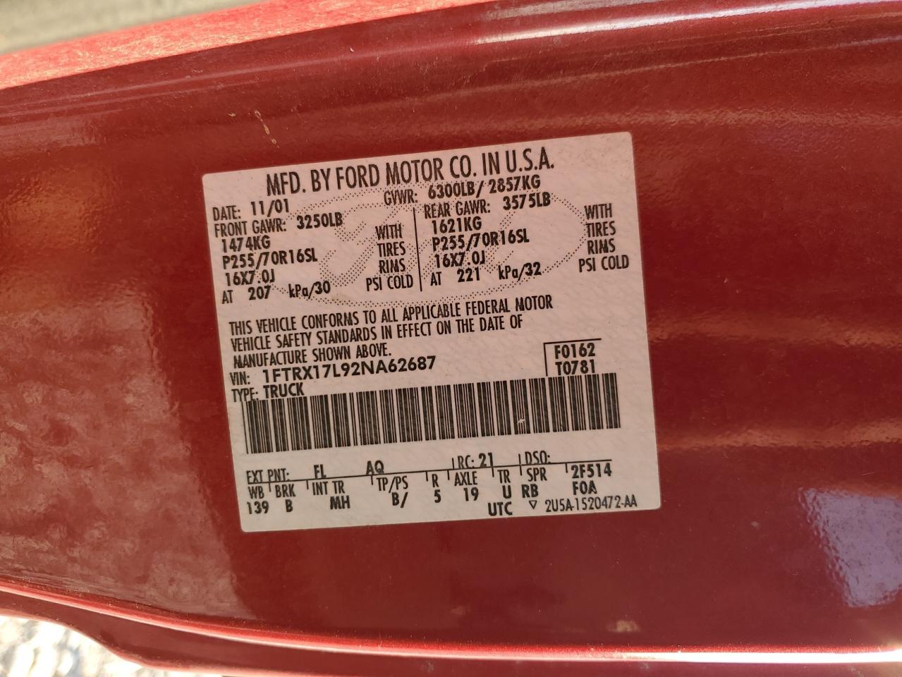 2002 Ford F150 VIN: 1FTRX17L92NA62687 Lot: 82034985