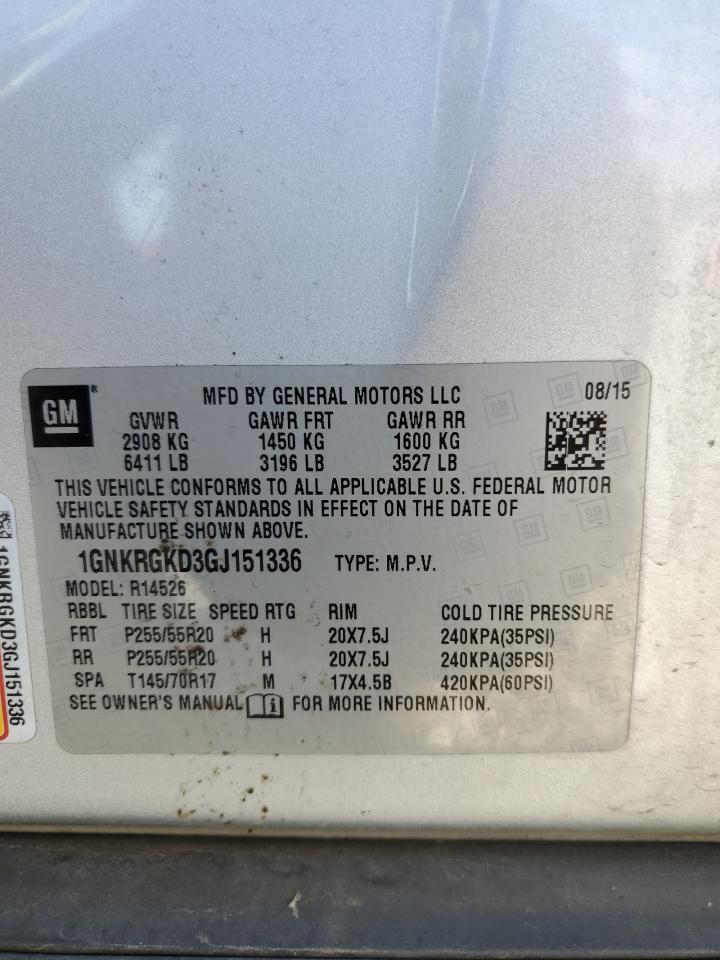 2016 Chevrolet Traverse Lt VIN: 1GNKRGKD3GJ151336 Lot: 71801835